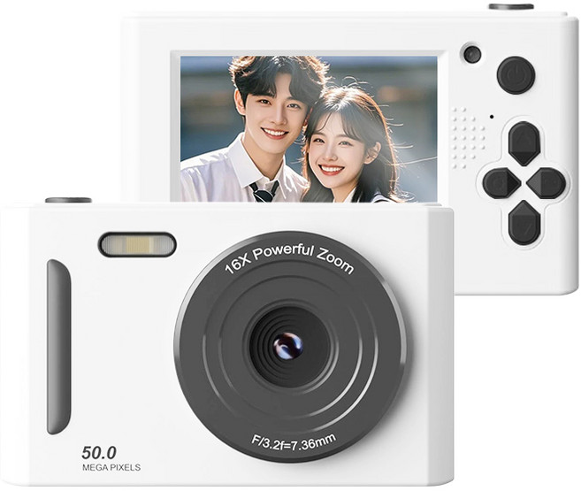 톡임매 미니 빈티지 디지털 카메라 5000W픽셀 고화질 셀카 브이로그카메라 64G메모리카드, 화이트