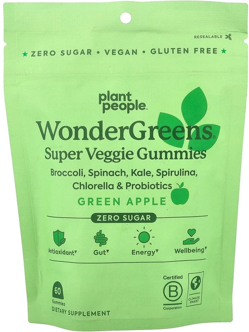 플랜트 피플 Plant People wonderGreens® 슈퍼 베지 구미젤리 청사과 구미젤리 60개123856원산지:기타, 플랜트 피플 Plant People, wonderGre, 1개, 60정 - 쿠팡
