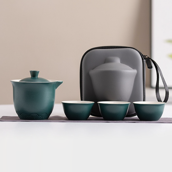 휴대용 다도 세트, 1세트, 주전자 + 잔 3p + 보관파우치, 다크그린(다도)