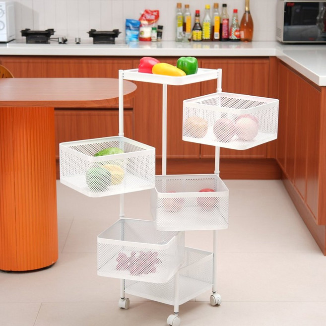 Eabei 이동식 트롤리 수납함 회전 철제 수납장 5단, 1개, 화이트