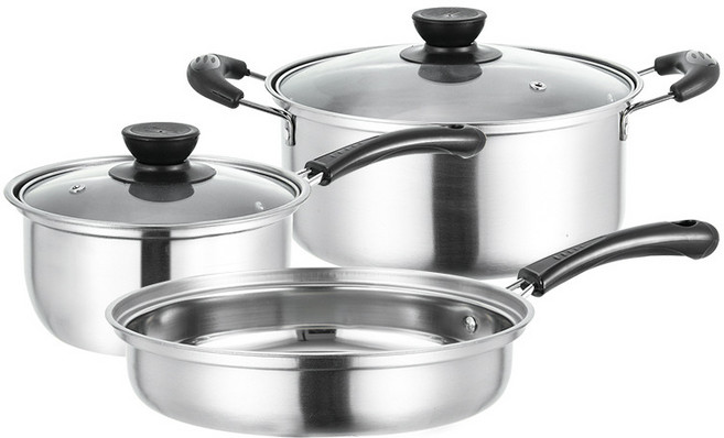 ZZ-01 테인리스 솥 3 종 세트(인덕션 사용 가능), 스테인리스강, 1세트, 22cm 전골냄비+18cm 전골냄비+24cm 프라이팬