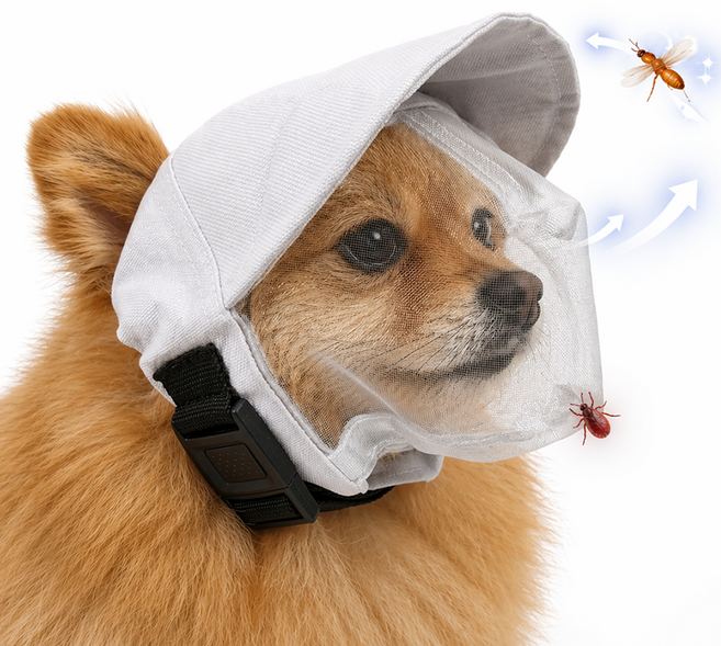 렛츠독 강아지 진드기 해충 방지 벌레 자외선 차단 망사 모자 페이스커버, 1개, 화이트메쉬