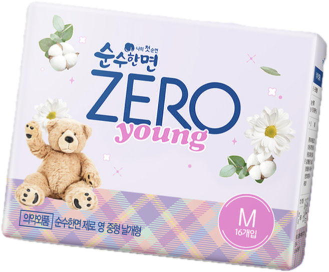 순수한면 제로 영 생리대 날개형, 중형, 16개입, 8개