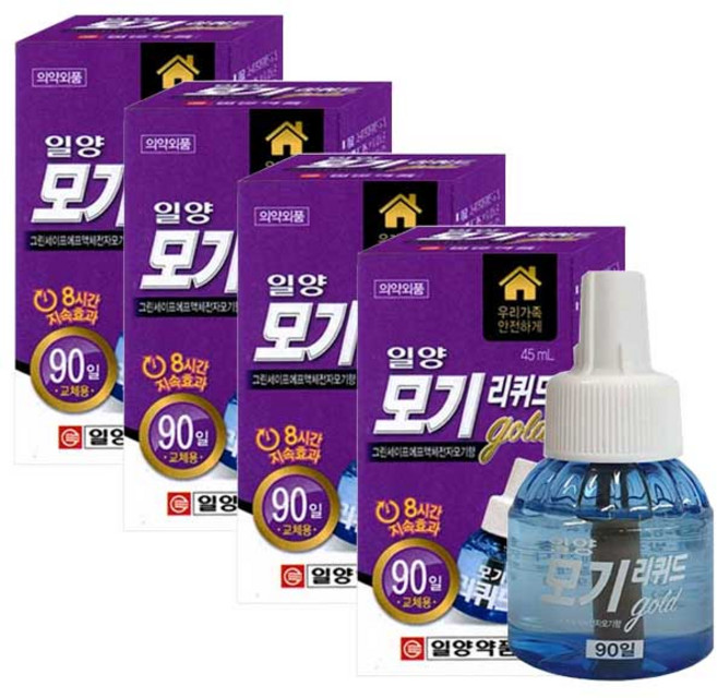 [일양약품] 모기리퀴드 골드 90일 교체용 의약외품 액체전자모기향 모기퇴치 모기약 모기기피제, 45ml, 4개