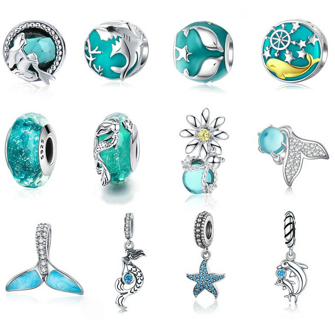 판도라팔찌 호환 참 아쿠아 인어꼬리 글라스 무라노 스타피쉬 댕글