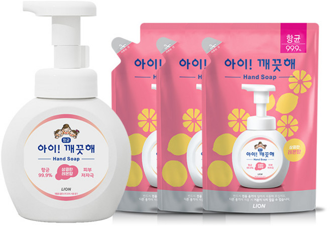 [LION] [CJ ]아이깨끗해 거품형 250ml용기+200mlx3개 (레몬/청포도/순), 1개, 용기250ml+200mlx3개(순)