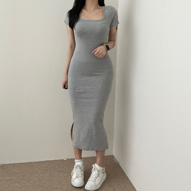 바나나2 여성 꾸안꾸 데일리 섹시 스판 쫀쫀 슬림 롱 반팔 원피스
