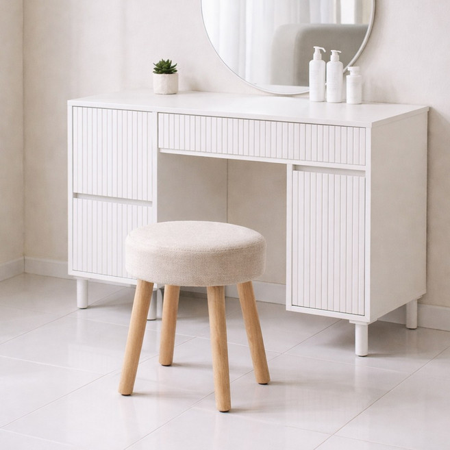 오션웰리빙 원형 쿠션 패브릭 화장대의자, 베이지, 1개