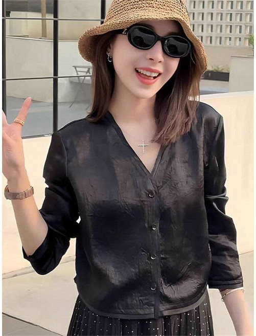短款冰感醋酸V領長袖薄外套女夏防曬衣開衫上衣, 黑色,L