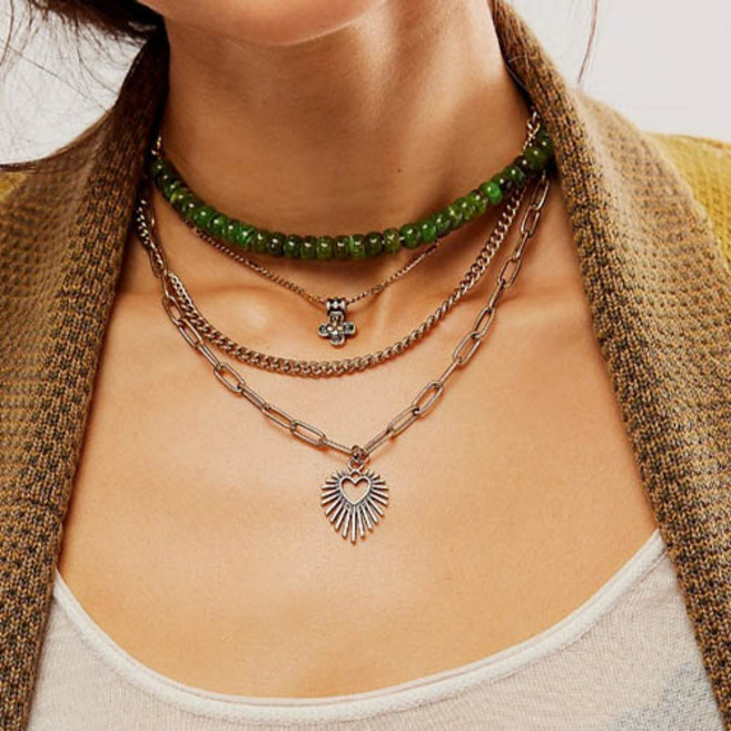 티큐 여성 파티 행사 원석 비즈 빈티지 골드 레이어드 체인 십자가 하트 목걸이 A2429