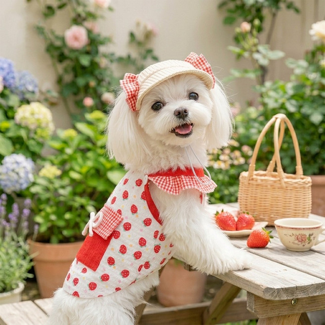 Coablu강아지 고양이 딸기 패턴 민소매 멜빵 세트 봄여름 통기성, 1개, 딸기 세트