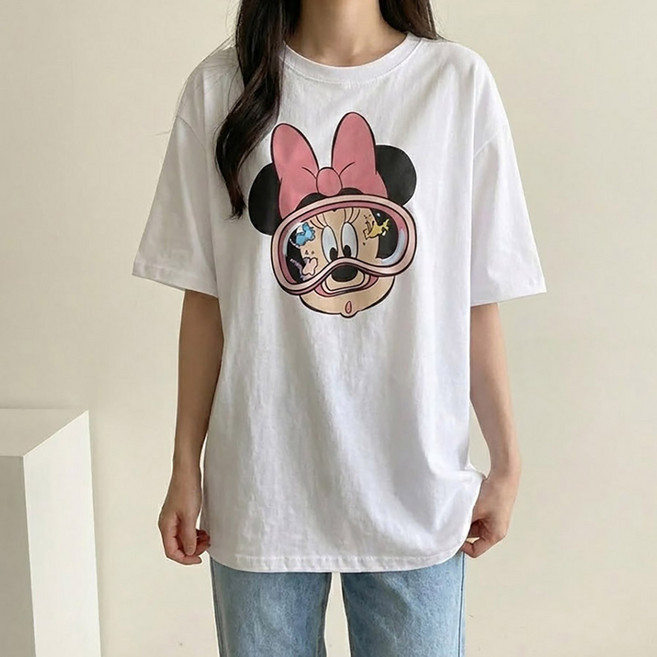 쪼꼬마미 디즈니 미키 미니 물안경 박스 반팔 티셔츠 국내제작 남녀공용 오버핏 커플 반팔티