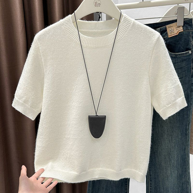 메인워크 여성 빅사이즈 라운드넥 니트 반팔 티 봄가을 패션 솔리드 스웨터 시크 간절기 스판 캐주얼 슬림핏 아우터 상의