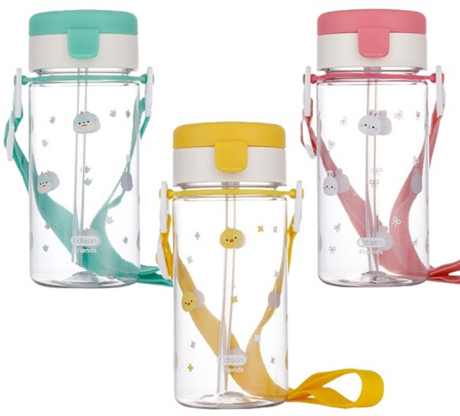 에디슨 프렌즈 에코젠 흘림방지 빨대컵 어깨끈 스트랩 물병 택1, 핑크 토끼, 1개, 350ml