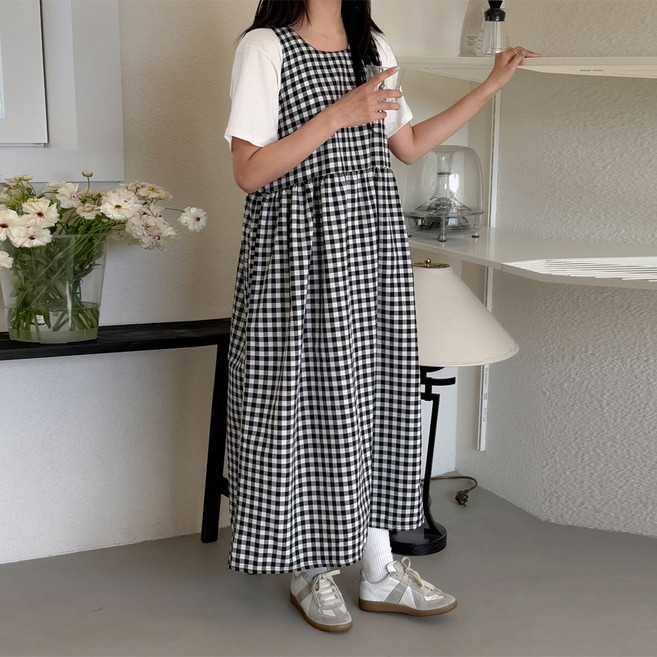 지니체크원피스 임산부롱원피스 데일리룩 빅사이즈 여성 여름임부복