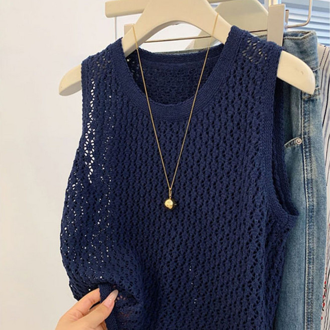 펀칭 민소매 니트 조끼 여성용 여름 루즈핏 레이어드 날씬해 시원한 라운드넥 얇은 데일리 티셔츠