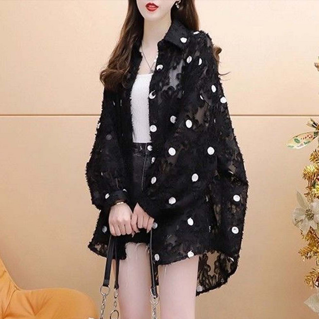 besteffie 여성 레이스 도트 롱 셔츠 여리여리핏 오버사이즈 봄 여름 긴팔 블라우스