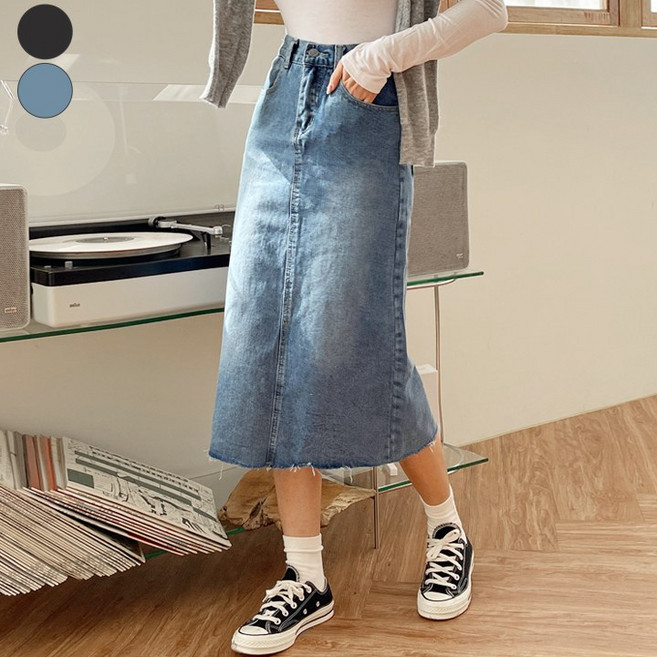 가비진 여성 뒷밴딩 트임 데님 미디 스커트 예쁘면서 편안하게 꾸안꾸로 딱