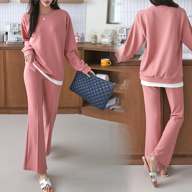 NewCare 여성 바지 트레이닝복 세트 레이어드 투피스 핀턱 부츠컷 봄가을 테리