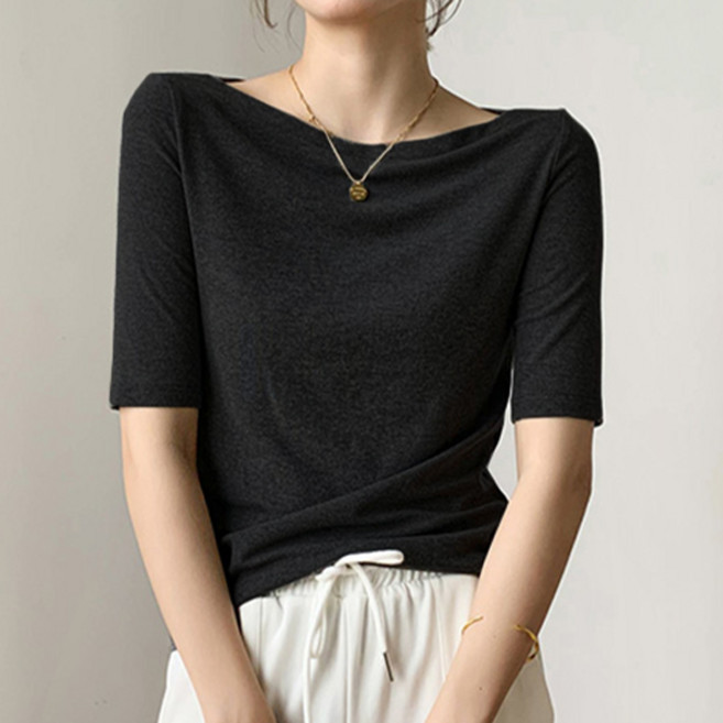 [자체제작] 빌리안 보트넥 5부 소매 슬림핏 여성 티셔츠