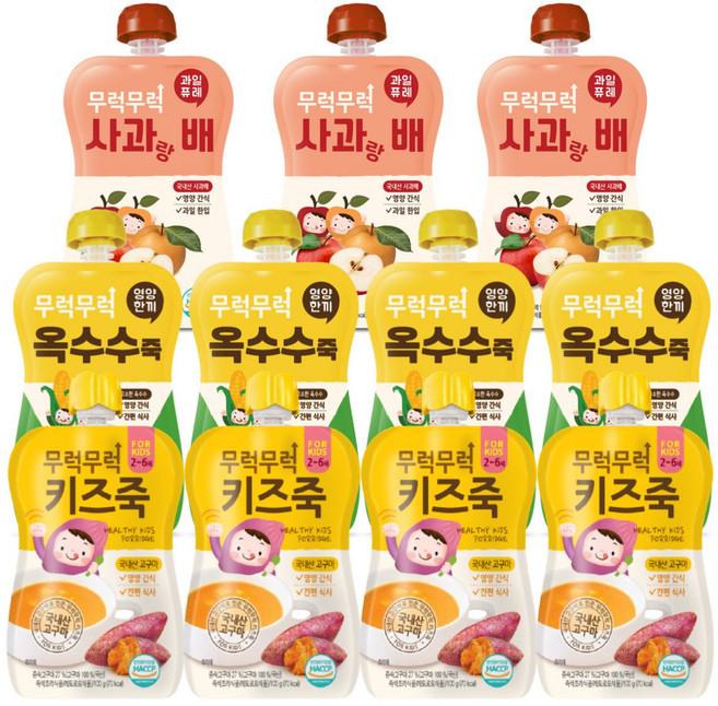 무럭무럭 키즈죽 과일퓨레 알뜰 11팩(사과배 3팩 / 옥수수 고구마 각 4팩)