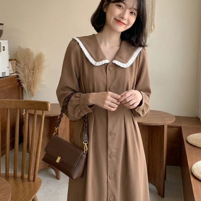 에쉬울프 여성 빅사이즈 러블리 브이넥카라 롱원피스 긴팔 봄 가을