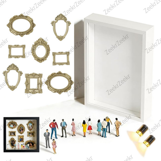 DIY 미니 뮤지엄 쉐도우박스 만들기 키트 입체 관액자 골드 프레임 미니어처 세트 기념일 집들이 선물, 흰색
