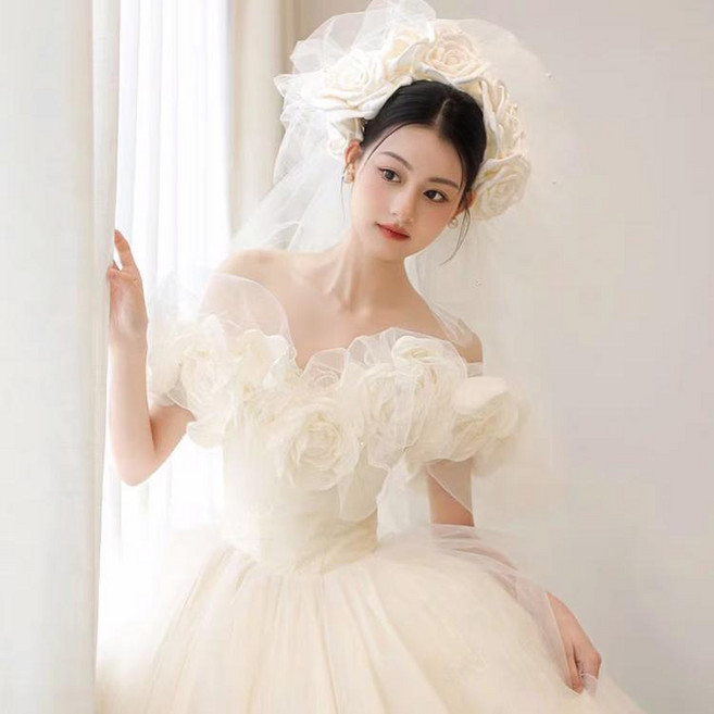 輕婚紗 主紗 新娘 一字肩 森系法式 高級質感 禮服, 齊地款