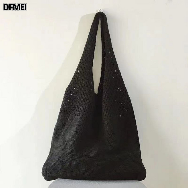 DFMEI 秋冬包包百搭編織斜挎針織純色手提包通勤大容量水桶包, 黑色