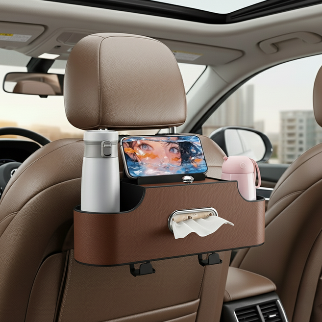 메이크라이프 차량용 컵홀더 뒷좌석 수납함, 브라운