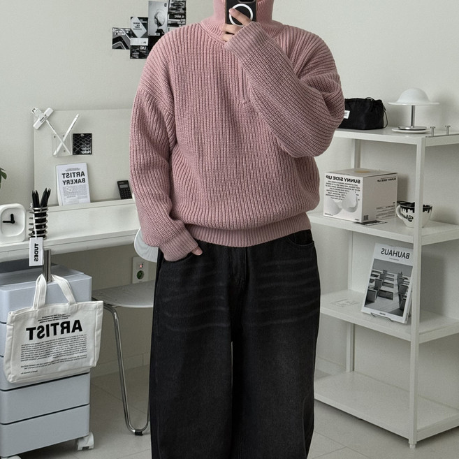 르위 오버핏 하이넥 반집업 니트 긴팔 빅사이즈 세미크롭 남녀공용