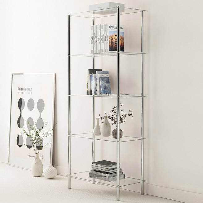키모 스텐 미드센츄리 모듈 유리 선반 5단 진열장, 투명
