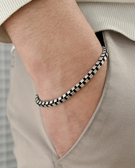 모두디자이너 실버925 클래식 볼드 4mm 사각 박스 체인 남자 여자 팔찌 H