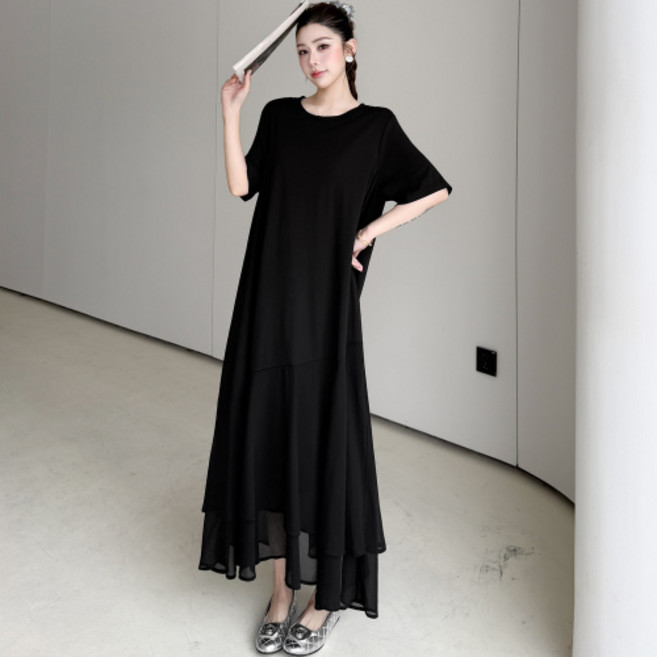 뉴욕멋쟁이 모던 쉬폰 레이어드 반팔 롱원피스