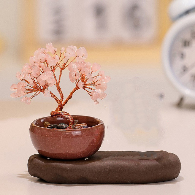 天然加密聚寶盆發財樹擺件 粉紫黃水晶招財擺飾, 【紫砂款】粉色水晶, 紫砂款, 粉色水晶