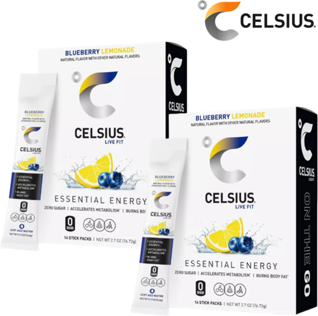[CELSIUS] [1+1] 셀시어스 히트 워터 제로슈가 블루베리 레모네이드 맛 14개입 + 블루베리 레모네이드 맛 14개입 에너지 드링크 파우더 Energy Drink Mix