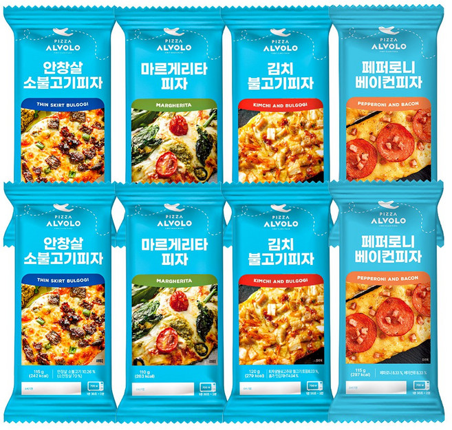피자알볼로 수제 사각피자 4종 8팩 (안창살+김치흑돼지+마르게리타+페퍼로니), 1세트, 920g