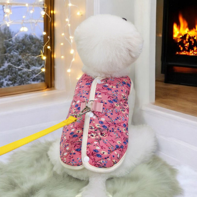 쁘띠도그 털누빔김장조끼 겨울 반려동물 강아지옷 꽃무늬 누빔 퍼 조끼 2colors XS~2XL, 1개, 핑크