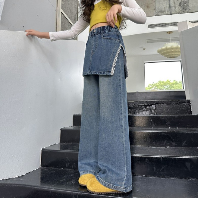 여아 주니어 데님 레이어드 치마바지 청바지 와이드 팬츠
