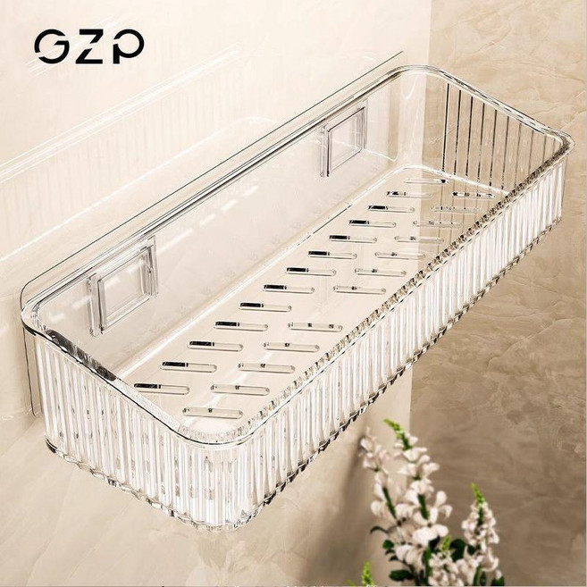 無品牌 衛生間置物架浴室廁所洗漱臺壁掛牆上收納架神器洗手間免打孔, 1個, GZP免打孔 置物架 高透PET,透明 大號 1個裝加長30cm 瀝水防