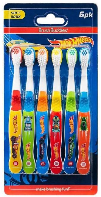 Brush Buddies Hot Wheels 아동용 수동 칫솔 3팩 | 재미있는 멀티 컬러 디자인의 부드러운 미끄럼 그립 핸들 유아 가정 또는 여행에 적합 248255, 멀티컬러, 1 Count (Pack of 6)