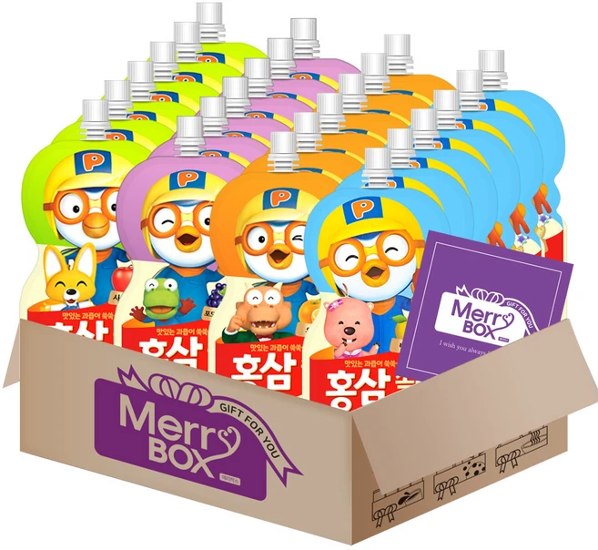 어린이 뽀로로 홍삼음료 4종 24개(사과매실6+포도블루베리6+오렌지6+배도라지6)+메세지카드, 1박스, 100ml - 쿠팡