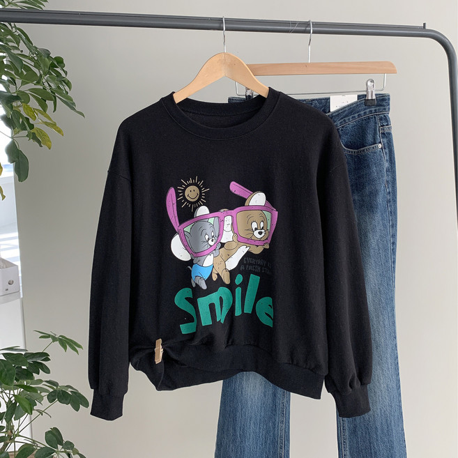 행복여 쩨리 스마일 레터링 루즈핏 맨투맨 티셔츠