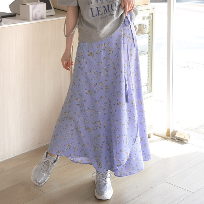 데일리앤 홀리 봄 여름 쉬폰 플라워 롱 랩스커트 리본 스트랩 A라인 플레어 레이어드 꽃 치마 휴양지