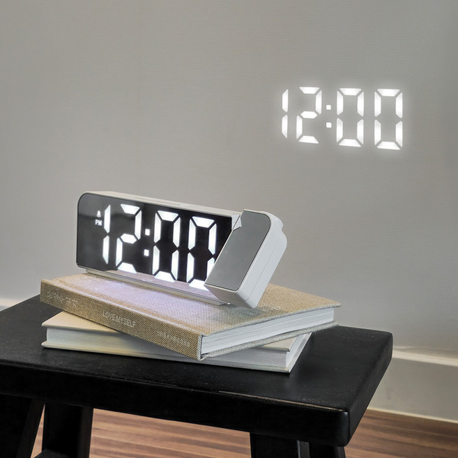 홈비 빔프로젝션 알람 탁상 시계 디지털 날짜 온도, 실버(미러), 실버（미러）