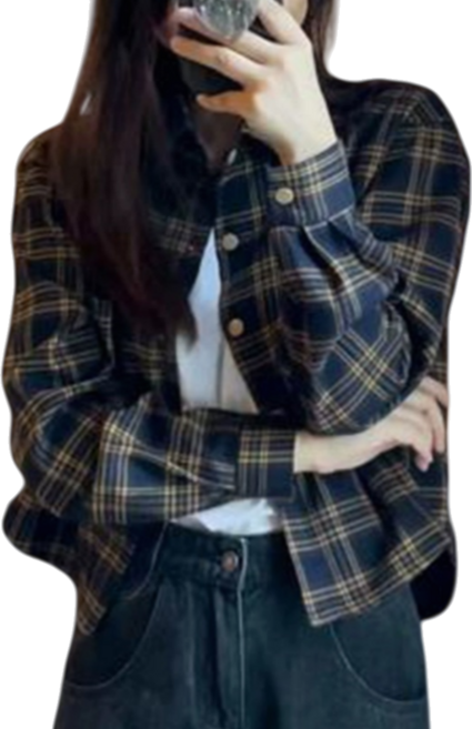 Makone 여성 봄 가을 루즈핏 체크 셔츠