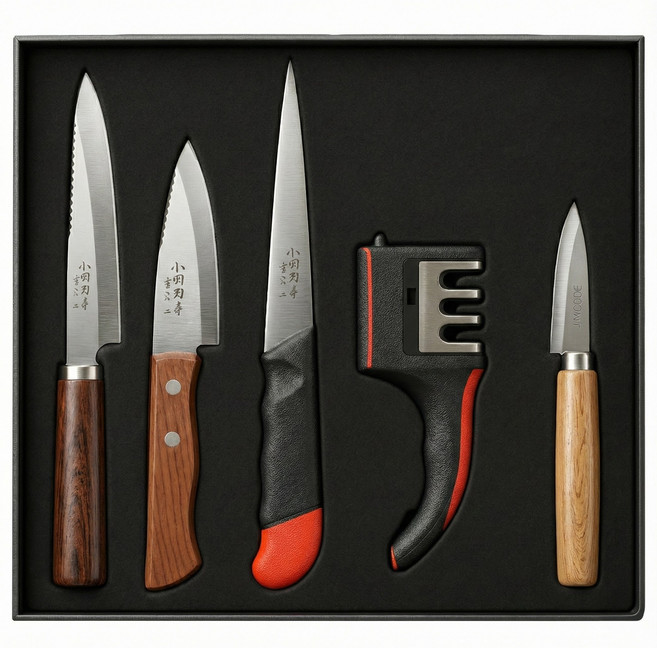 바다 낚시용 휴대용 생선칼 사시미 회칼세트, 회칼 + 물에뜨는 칼 + 지갑회칼 + 조개칼 + 칼갈이, 1세트