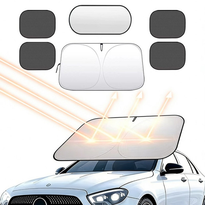 1초 설치 차량 햇빛가리개 앞유리+뒷유리+옆좌석 6P 풀세트, 1세트, 실버+블랙