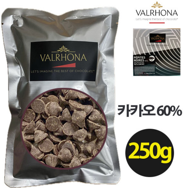 [프랑스산]발로나 다크 초콜릿칩 카카오60 다크초코칩 다크청크 쿠키 머핀 홈베이킹 dark chocolate chips, 250g, 1개