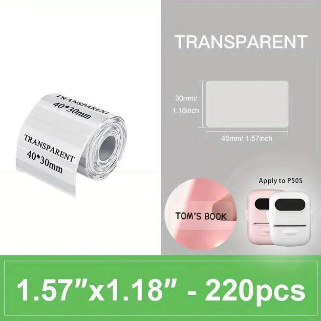 P302A 열전사 라벨 프린터 Bluetooth 잉크가 없는 고배터리 폭 용지에 적합, 4030mm Transparent, 1개, 4030mm 투명